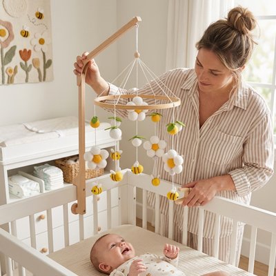 maman bébé avec mobile bebe abeilles jaunes