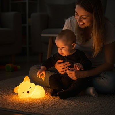 maman bébé avec veilleuse bébé renard 
