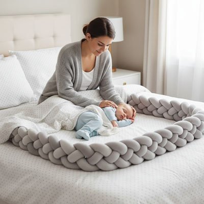 maman caresse bebe endormi tresse de lit grise