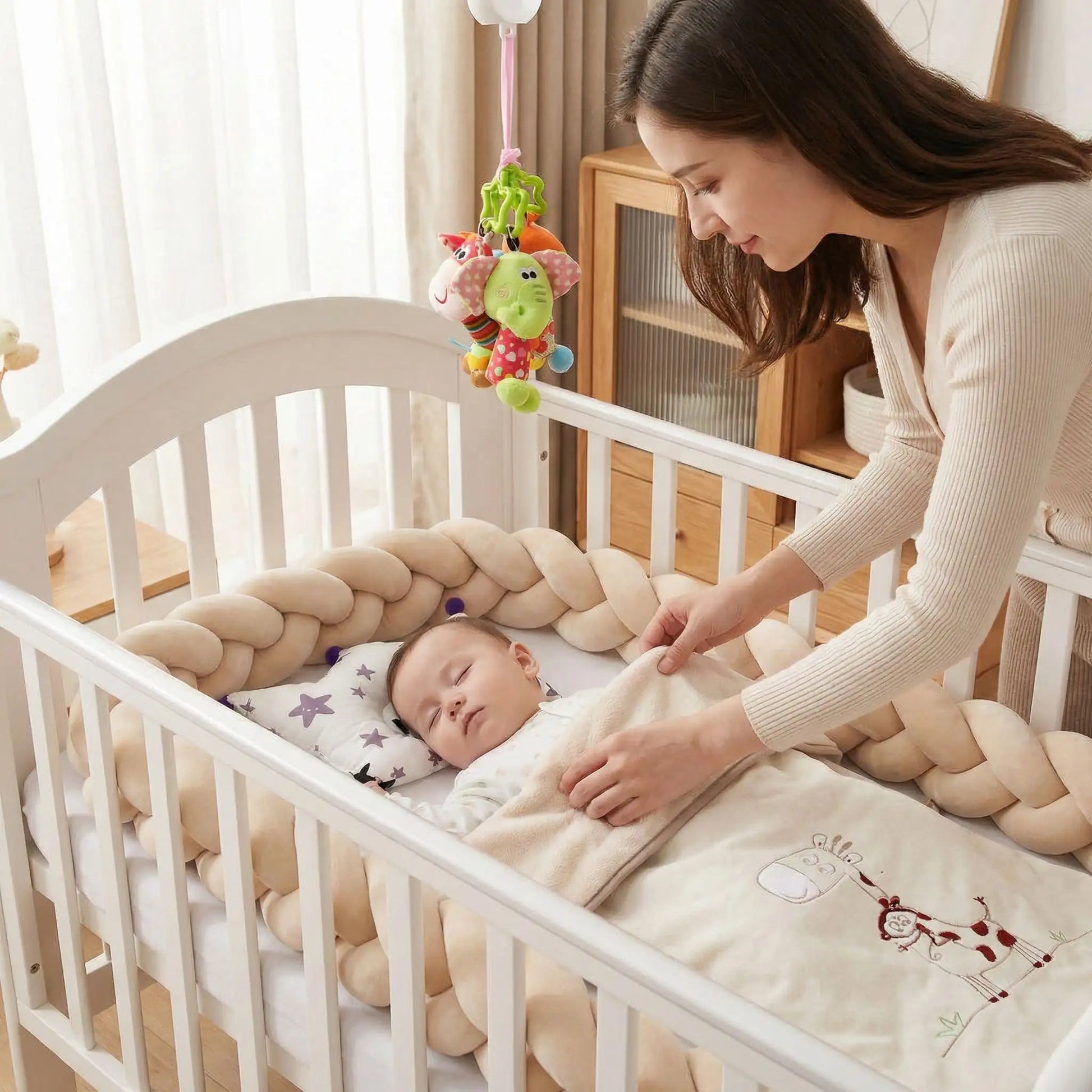 maman comtemple bebe endormi tresse de lit bebe beige
