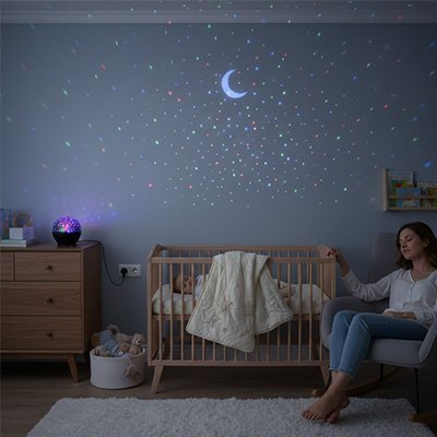 maman endormie sur chaise bébé dort lit avec veilleuse projection                                  