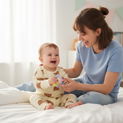 maman joue avec bébé en pyjama bebe beige ourson