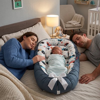 maman papa avec bébé dans réducteur de lit bébé