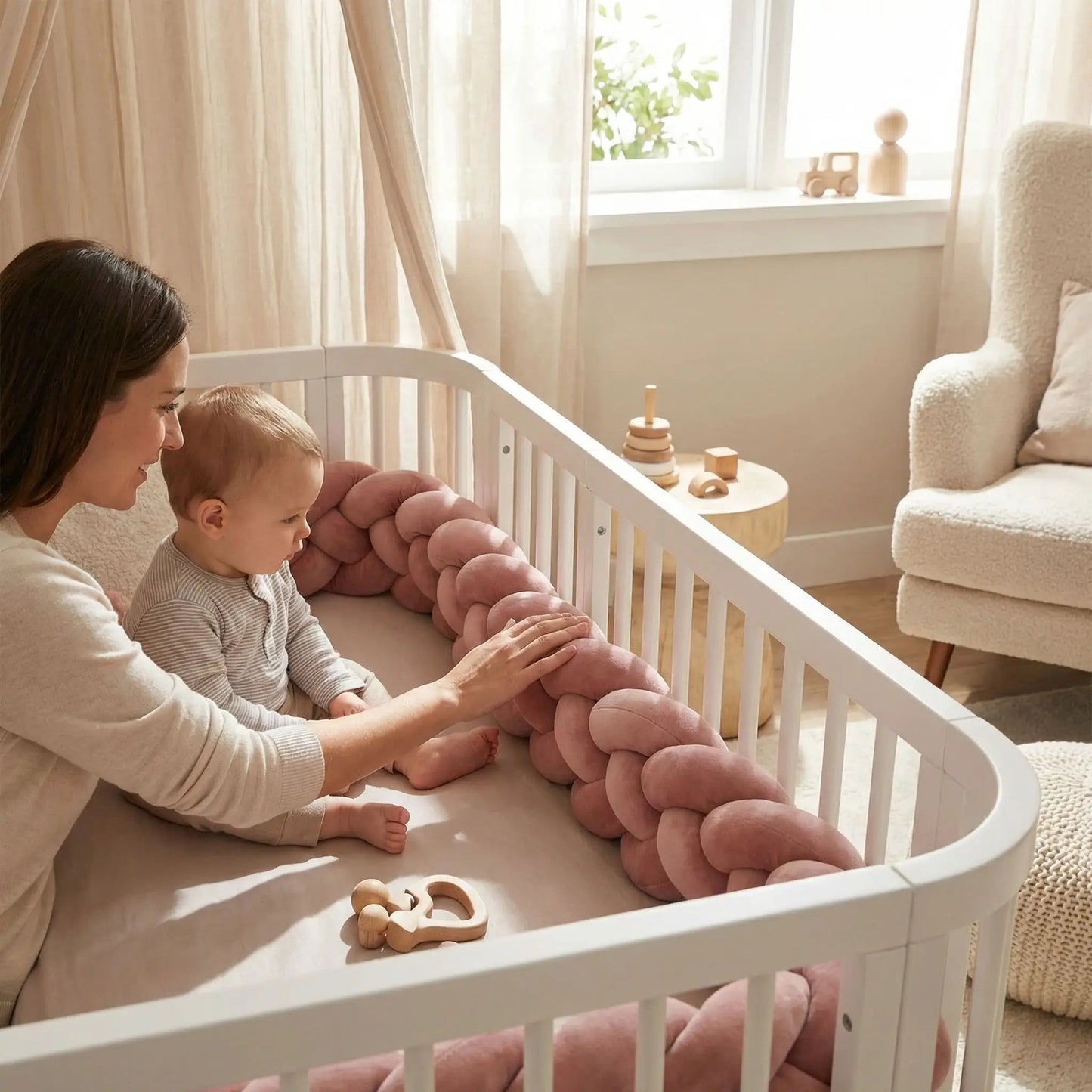 maman reconforte bebe en touchant tresse de lit bebe vieux rose