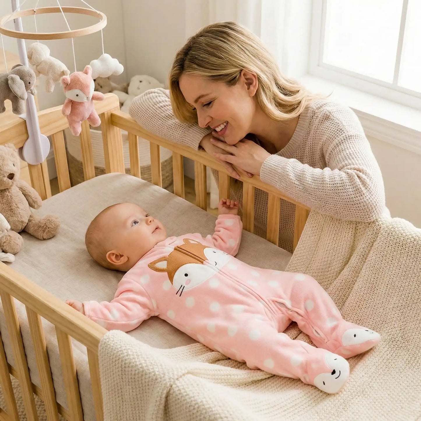 maman regarde bébé au lit avec pyjama bébé rose