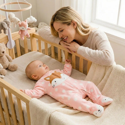 maman regarde bébé au lit avec pyjama bébé rose