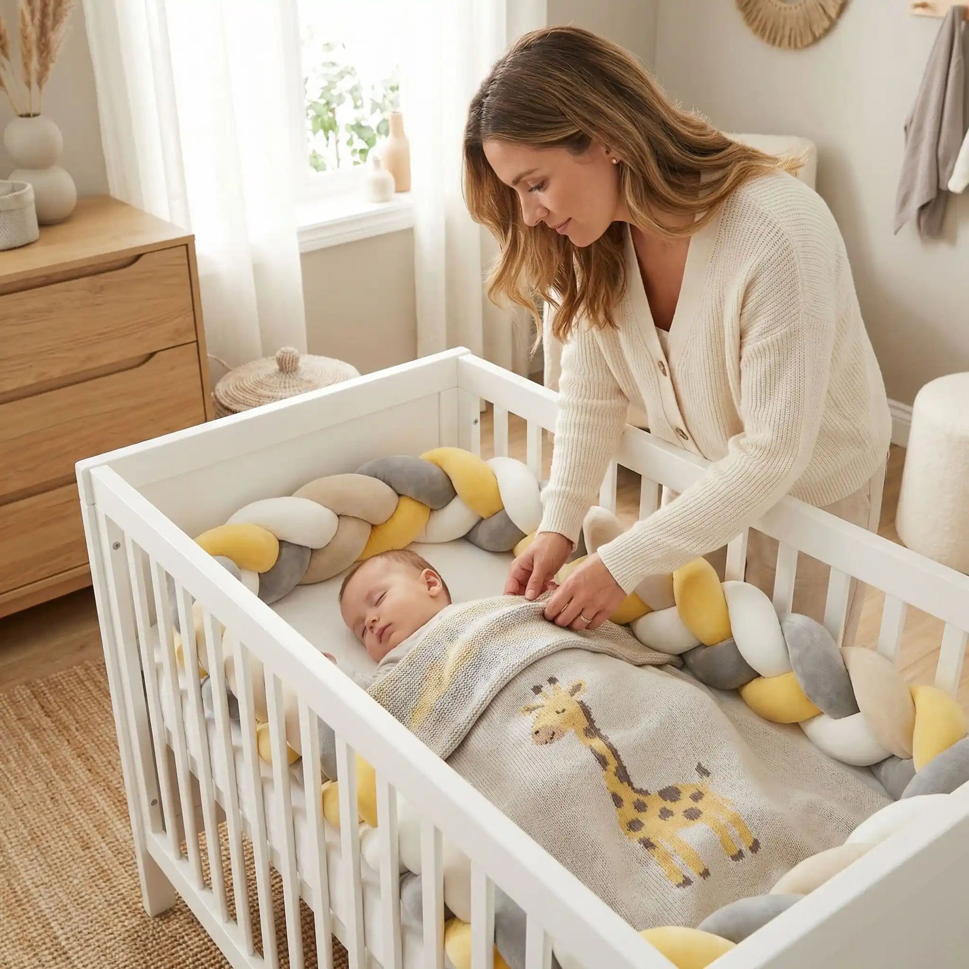 maman regarde bebe dort entoure tresse de lit jaune gris blanc