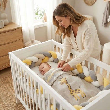 maman regarde bebe dort entoure tresse de lit jaune gris blanc