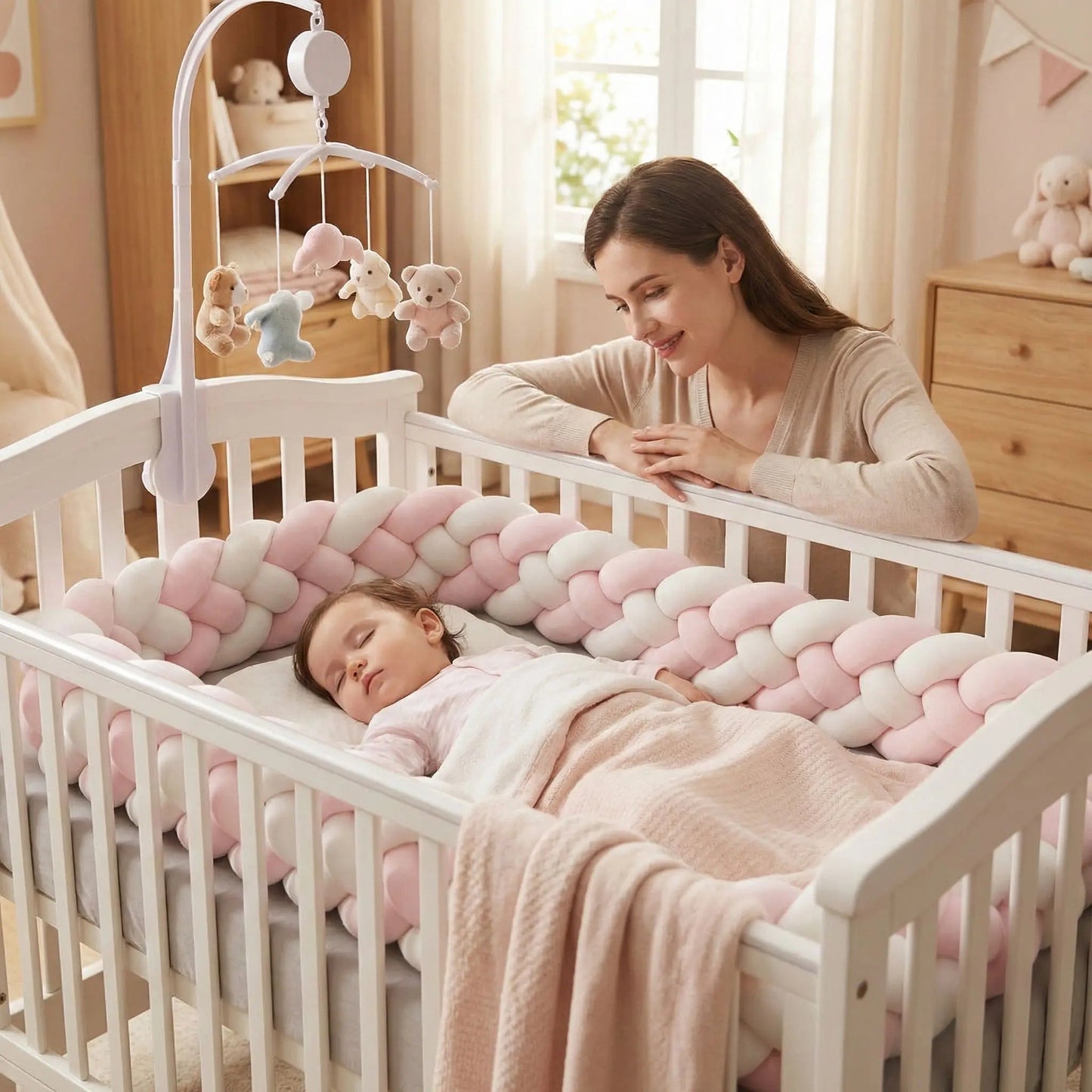 maman sereine regarde bebe fille dort paisiblement son lit tresse de lit rose blanc