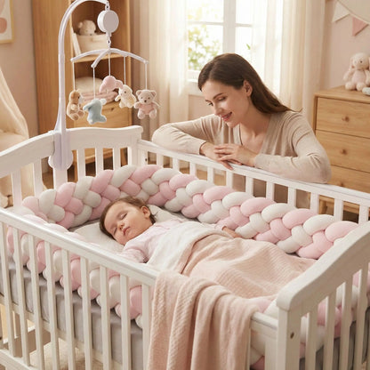 maman sereine regarde bebe fille dort paisiblement son lit tresse de lit rose blanc