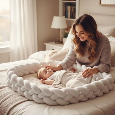 maman souriante avec bebe endormi tresse de lit blanche