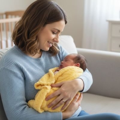 maman souriante porte bebe avec couverture bebe- jaune