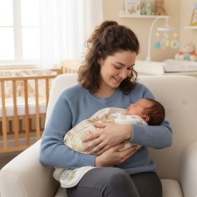 maman souriante porte bebe sous couverture bebe