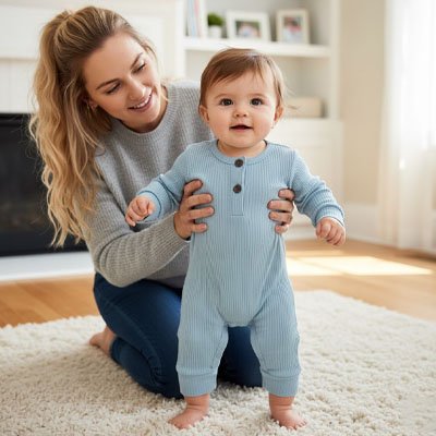 maman tient bébé portant pyjama bébé garçon bleu