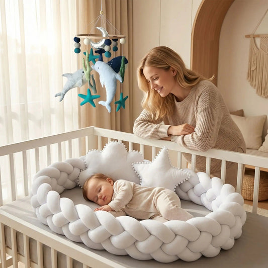 maman observe bebe endormi dans tour de lit tresse blanc