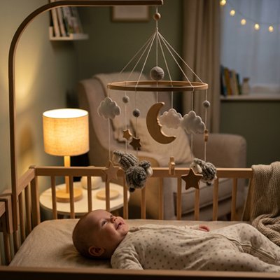 Mobile pour bébé lune moutons gris