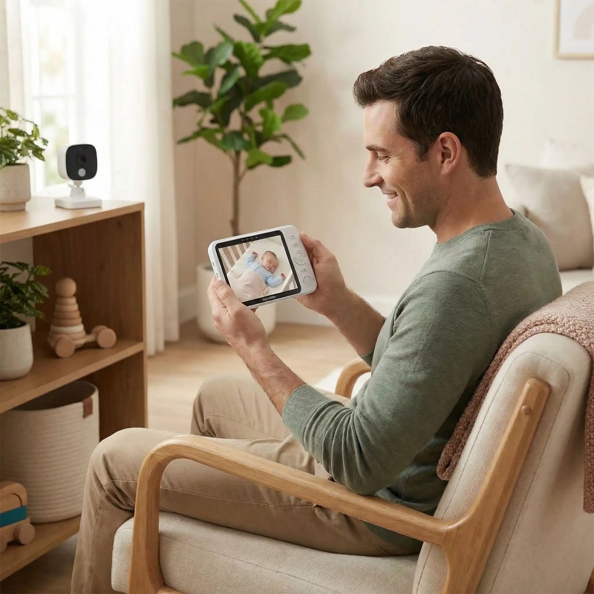 papa assis salon regarde bébé endorm avec camera surveillance bebe