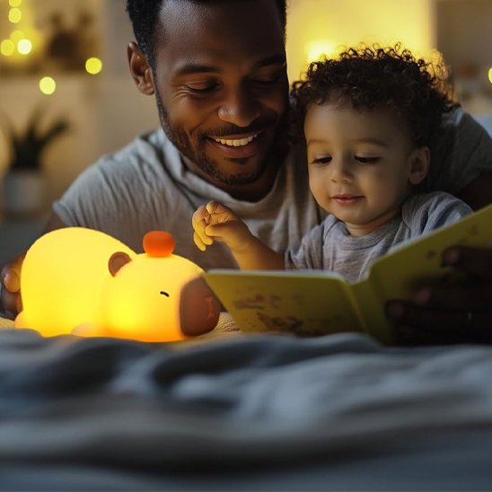 papa fils lisent histoire avec veilleuse bébé