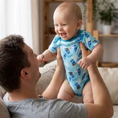 papa joue avec bébé qui porte body bébé garcon