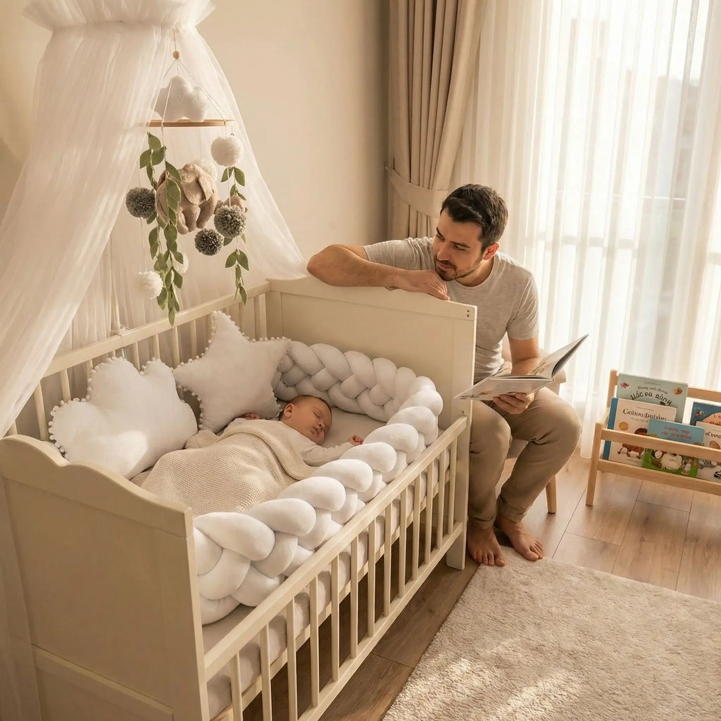 papa lit histoire bebe au lit avec tour de lit tresse blanc