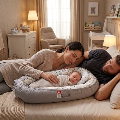 papa maman regardent bébé dans reducteur de lit pour bebe