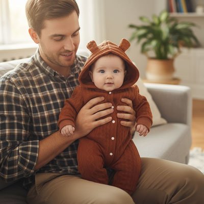 papa porte bébé en pyjama bebe matellasé marron