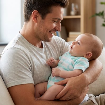 papa regarde bébé portant body bébé garçon