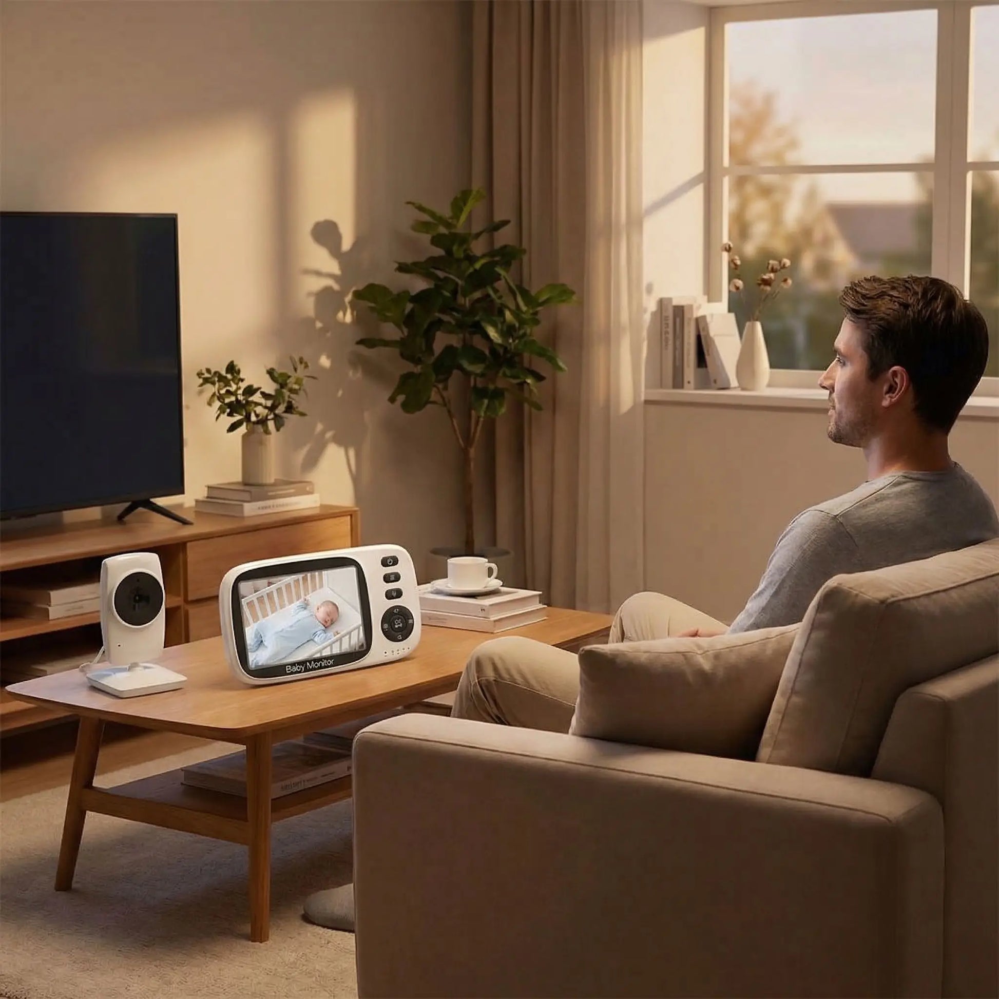 papa regarde télévision surveille bébé dort par camera bébé