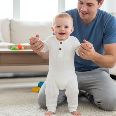 papa tient bébé portant pyjama bébé garçon blanche