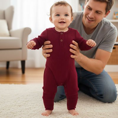 papa tient bébé porte pyjama bébé garçon rouge