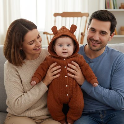 parents portent bébé en pyjama bebe chocolat