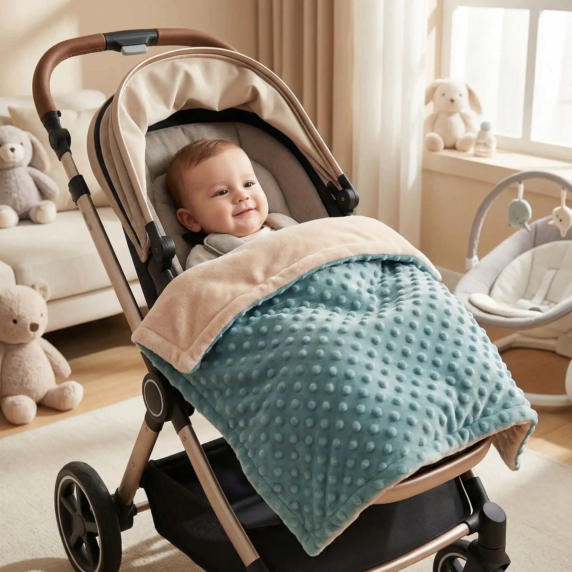 petit garçon dans poussette avec couverture bébé vert beige