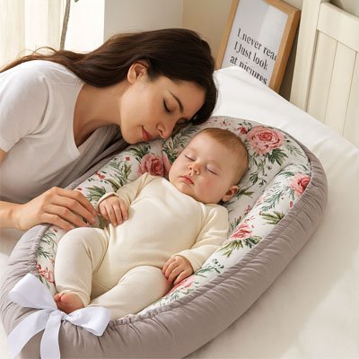Réducteur de lit bébé fleuri gris
