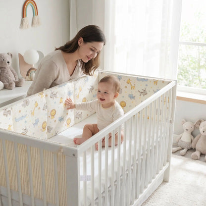 tour de lit avec bébé assis lit maman regarde souriante