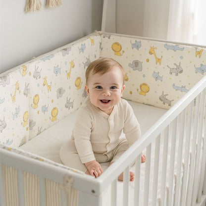 tour de lit bébé animaux avec bébé au lit