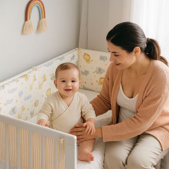 tour de lit bébé lion maman assise avec bébé au lit