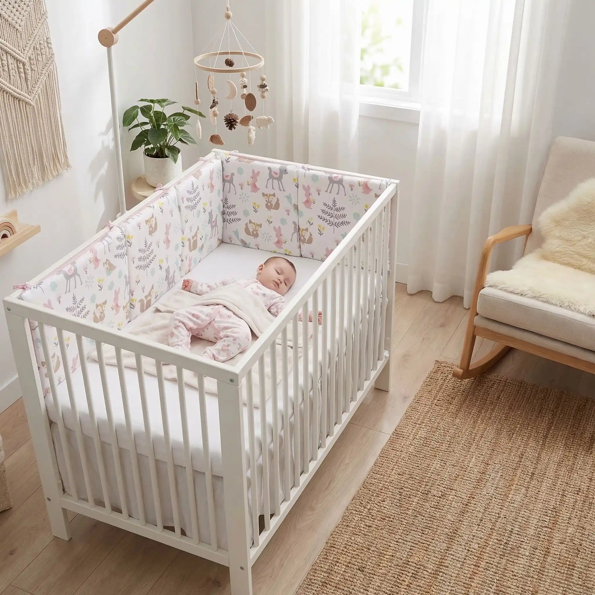 tour de lit bébé rose avec bébé endormi 