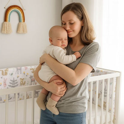 tour de lit bébé sapin avec maman porte bébé