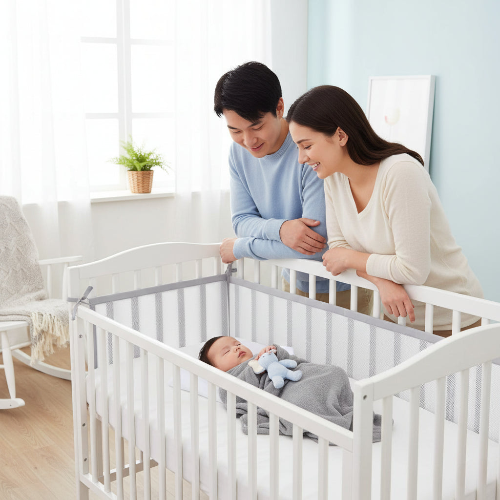 tour de lit respirant blanc maman papa regardent bébé dormir