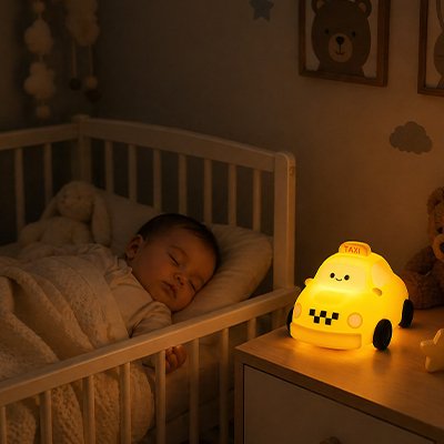 Veilleuse bébé taxi jaune dans chambre bébé 